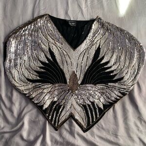 Vintage 70s 80s Sister Max Black Silver Silk Sequin Disco Butterfly Blouse Cape